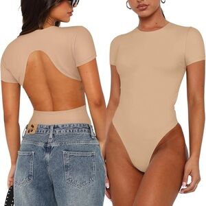 Trendy Sexy Backless Bodysuit Double Lined Crew Neck Short Sleeve Top Tan Size S